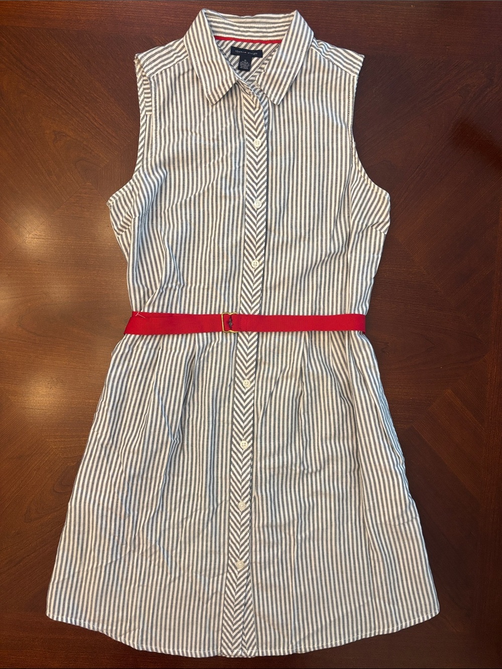 Tommy Hilfiger Blue and White Striped Sleeveless Shirt Dress with Red Belt